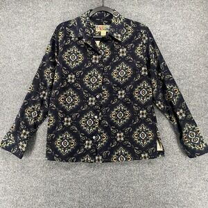 La Cabana Shirt Womens L Blue Paisley Velvet Button Up Peasant Cottagecore Ranch